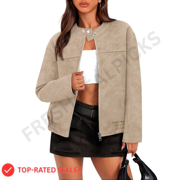 Faux Suede Bomber Jacket Oversized Y2K Retro Zip Up Casual Outerwear